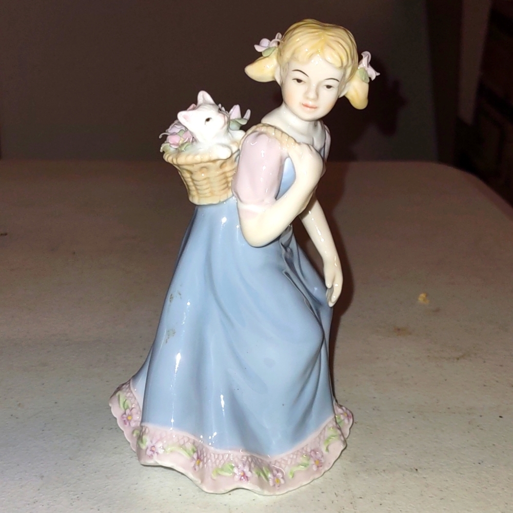 Vintage Cosmos Fine Porcelain Girl carrying Cat Figurine